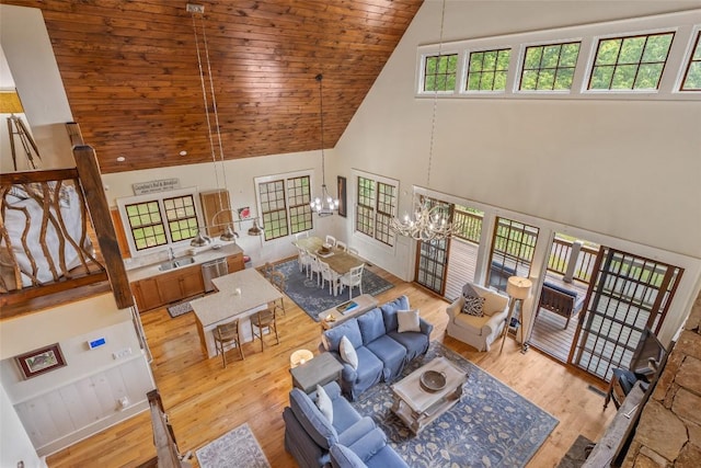 50 Bluestar Way, Glenville, NC 28736 - living area featuring high vaulted ceiling, a chandelier, wood finished floors, and wooden ceiling