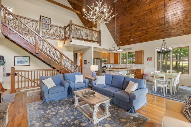 50 Bluestar Way, Glenville, NC 28736 - living area featuring a chandelier, light wood-style flooring, high vaulted ceiling, stairs, and wooden ceiling