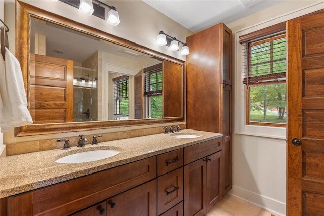 50 Bluestar Way, Glenville, NC 28736 - full bathroom featuring double vanity, an enclosed shower, and tile patterned flooring