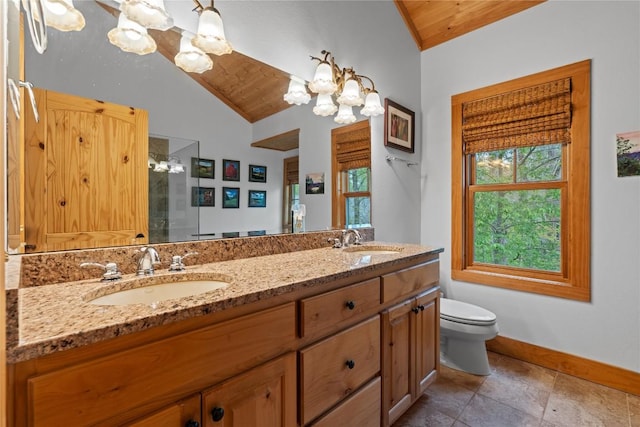 bathroom featuring vaulted ceiling, wooden ceiling, a chandelier, toilet, and a shower stall