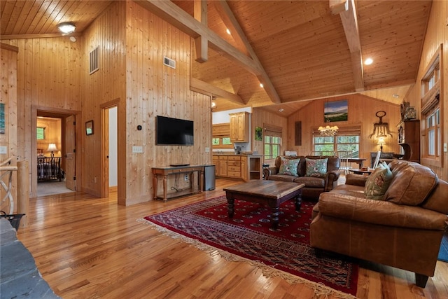 living area featuring wooden ceiling, high vaulted ceiling, light wood finished floors, wooden walls, and beam ceiling