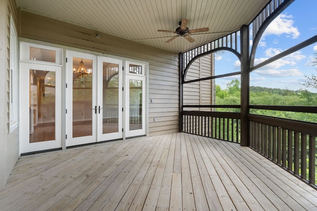 410C Highlands Cove Dr Unit 1300C, Highlands, NC 28741 - unfurnished sunroom with ceiling fan, french doors, and a chandelier