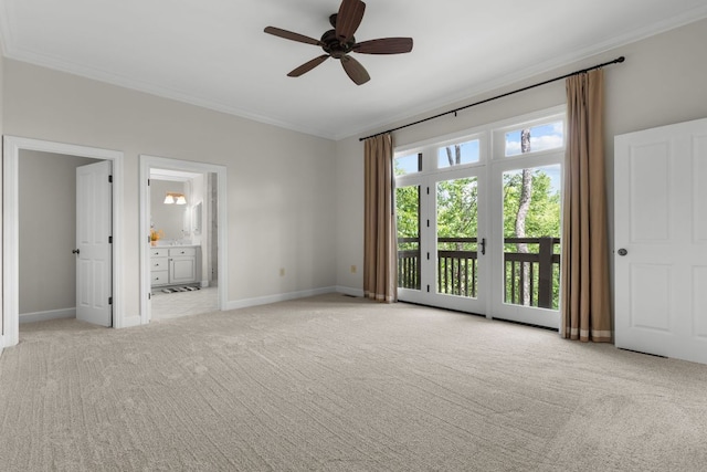 410C Highlands Cove Dr Unit 1300C, Highlands, NC 28741 - unfurnished bedroom with ornamental molding, access to outside, light carpet, ensuite bathroom, and ceiling fan