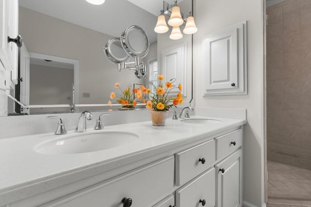 410C Highlands Cove Dr Unit 1300C, Highlands, NC 28741 - full bathroom with double vanity, a tile shower, and a chandelier