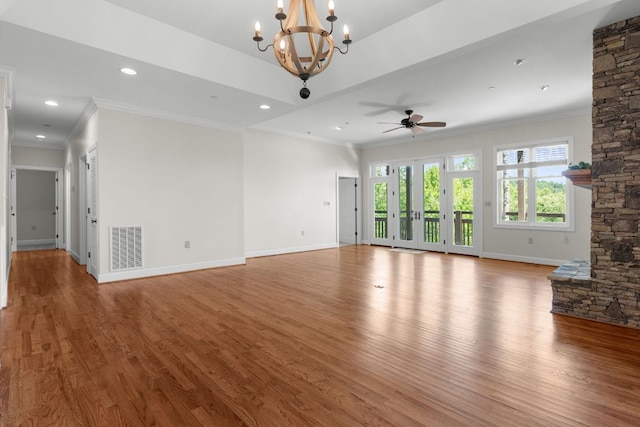410C Highlands Cove Dr Unit 1300C, Highlands, NC 28741 - unfurnished living room with wood finished floors, crown molding, a chandelier, a ceiling fan, and recessed lighting