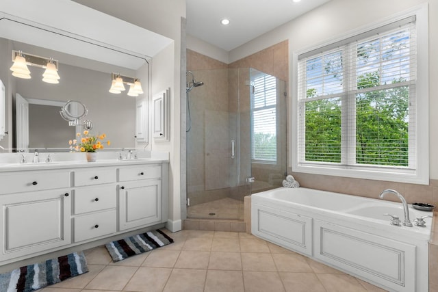 410C Highlands Cove Dr Unit 1300C, Highlands, NC 28741 - full bathroom with a shower stall, a bath, double vanity, and tile patterned floors