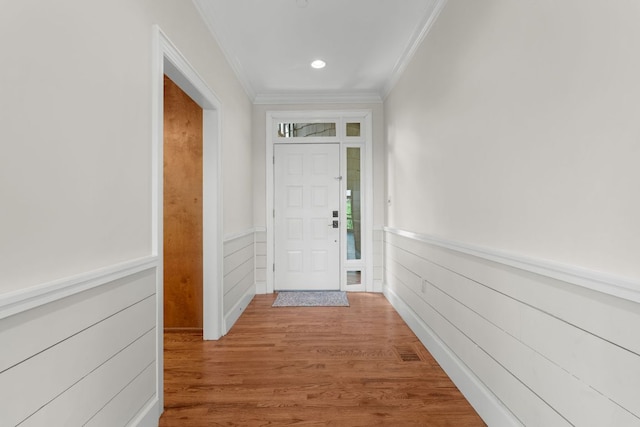 410C Highlands Cove Dr Unit 1300C, Highlands, NC 28741 - doorway to outside with ornamental molding, wainscoting, wood finished floors, and recessed lighting