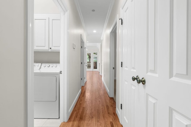 410C Highlands Cove Dr Unit 1300C, Highlands, NC 28741 - corridor featuring light wood finished floors, crown molding, recessed lighting, and separate washer and dryer