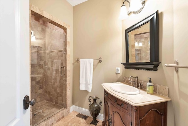 bathroom featuring a stall shower, visible vents, vanity, and baseboards