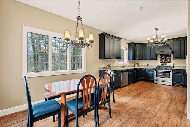 kitchen with light wood finished floors, an inviting chandelier, stainless steel appliances, premium range hood, and pendant lighting