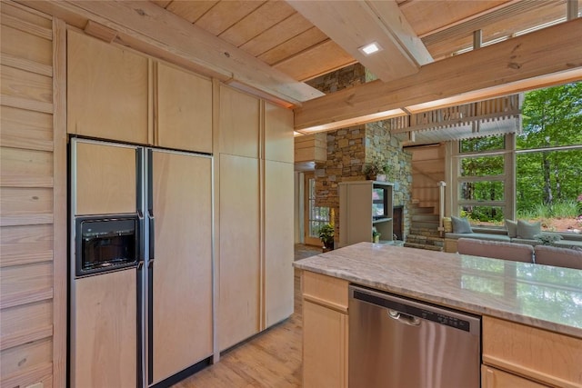 49 Hickory Ln, Highlands, NC 28741 - kitchen featuring paneled refrigerator, stainless steel dishwasher, light brown cabinets, light stone countertops, and a wooden ceiling with exposed beams