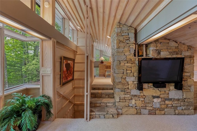 49 Hickory Ln, Highlands, NC 28741 - unfurnished living room with carpet, wooden ceiling, plenty of natural light, and lofted ceiling