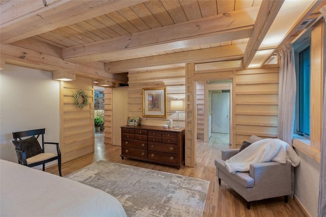 49 Hickory Ln, Highlands, NC 28741 - bedroom with wood-type flooring, wooden walls, and a wood ceiling with exposed beams