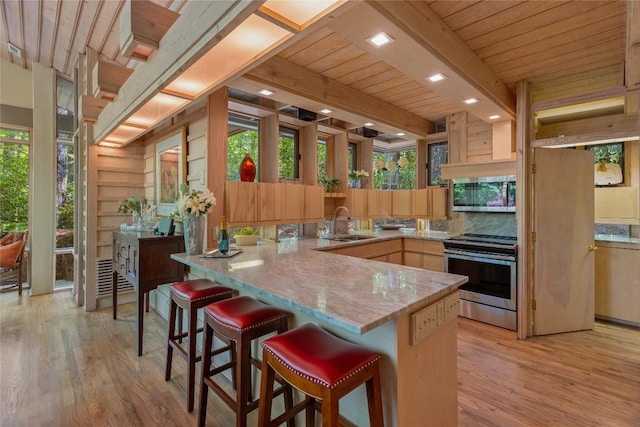 49 Hickory Ln, Highlands, NC 28741 - kitchen featuring stainless steel appliances, a peninsula, light wood finished floors, a wooden ceiling with exposed beams, and light brown cabinets