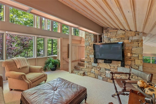 49 Hickory Ln, Highlands, NC 28741 - carpeted living area featuring healthy amount of natural light, wooden ceiling, and lofted ceiling