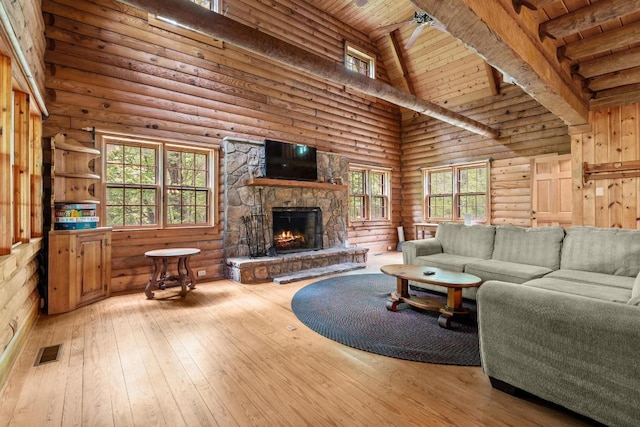 130 Sarah Cove Rd, Otto, NC 28763 - living area with log walls, wooden ceiling with exposed beams, a stone fireplace, high vaulted ceiling, and hardwood / wood-style floors
