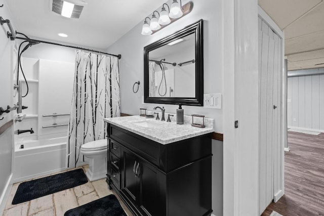 130 Sarah Cove Rd, Otto, NC 28763 - bathroom with shower / tub combo, vanity, wood finished floors, and toilet