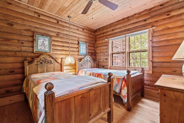 130 Sarah Cove Rd, Otto, NC 28763 - bedroom featuring light wood-style floors, wood ceiling, and rustic walls