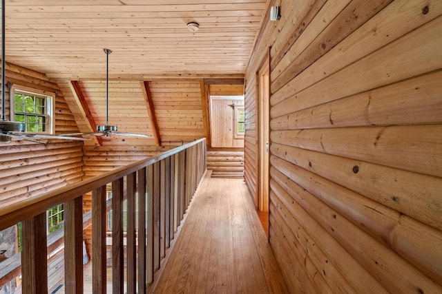 130 Sarah Cove Rd, Otto, NC 28763 - hall featuring log walls, wooden ceiling, and light wood-style floors