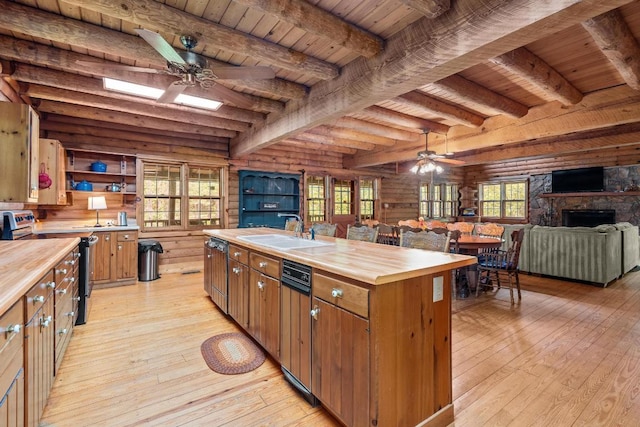 130 Sarah Cove Rd, Otto, NC 28763 - kitchen featuring ceiling fan, butcher block counters, a sink, wood ceiling with exposed beams, and stainless steel electric range