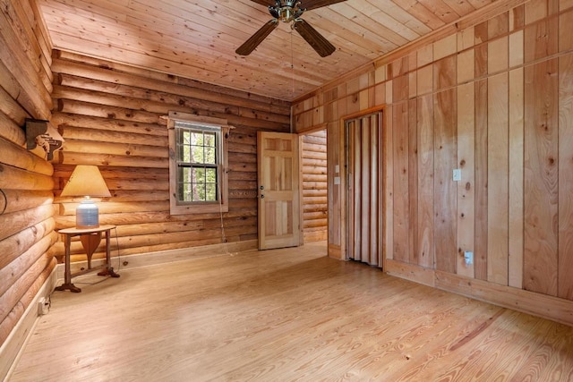 130 Sarah Cove Rd, Otto, NC 28763 - empty room with wood finished floors, wood ceiling, ceiling fan, and log walls