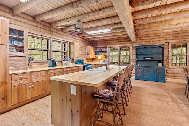 130 Sarah Cove Rd, Otto, NC 28763 - kitchen featuring stainless steel electric range oven, butcher block countertops, wooden ceiling with exposed beams, log walls, and light wood-style flooring