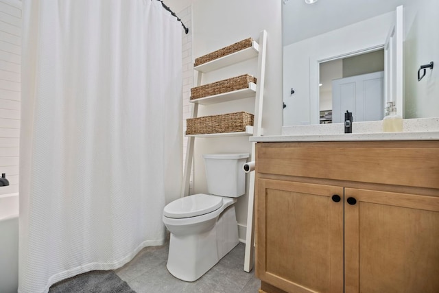 full bathroom with toilet, a shower with curtain, tile patterned flooring, and vanity