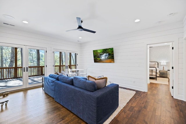 living area featuring visible vents, dark wood-type flooring, recessed lighting, french doors, and a ceiling fan