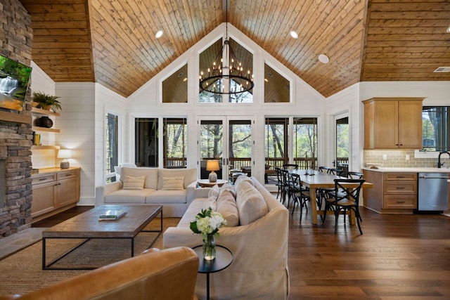 1048 Cherokee Trce, Lake Toxaway, NC 28747 - living area with high vaulted ceiling, dark wood-style floors, wooden ceiling, recessed lighting, and a chandelier