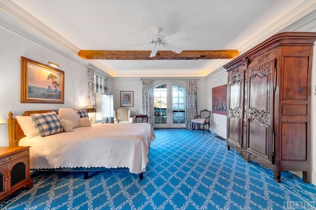 carpeted bedroom featuring beam ceiling, access to exterior, crown molding, and ceiling fan