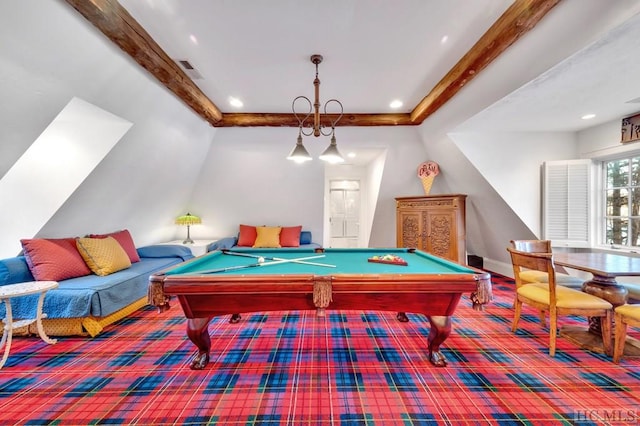 recreation room featuring pool table and beam ceiling