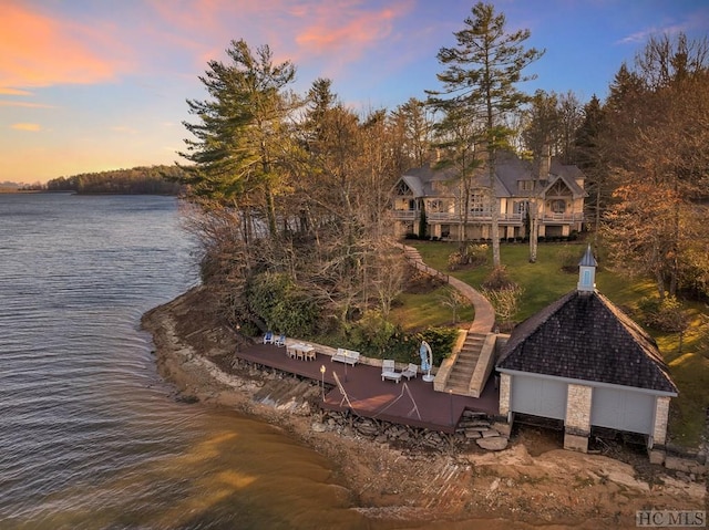 exterior space featuring a water view