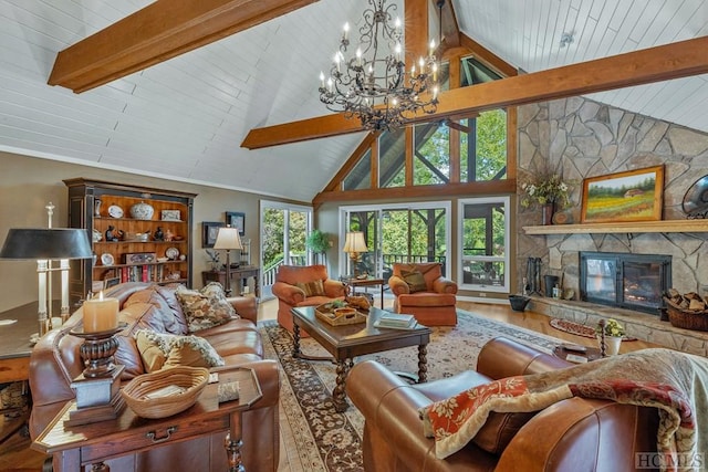 living room with beam ceiling, an inviting chandelier, wood-type flooring, high vaulted ceiling, and a fireplace