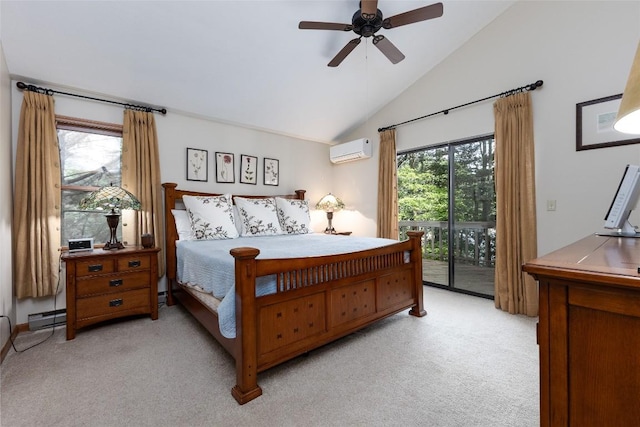 1964 Woods Mountain Trl, Cullowhee, NC 28723 - bedroom featuring a wall mounted air conditioner, light colored carpet, access to exterior, lofted ceiling, and a baseboard heating unit