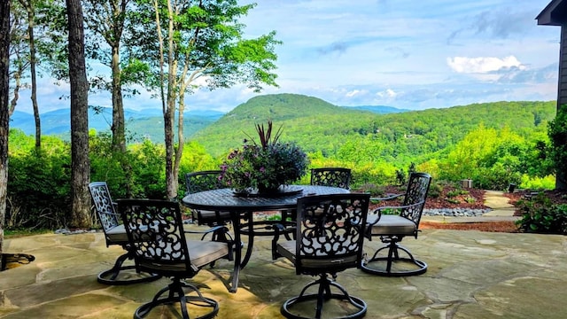 71 Raptor Way, Sapphire, NC 28774 - view of patio / terrace featuring outdoor dining area, a wooded view, and a mountain view