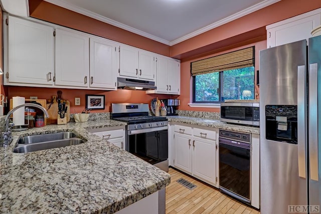 kitchen with crown molding, white cabinetry, stainless steel appliances, and sink