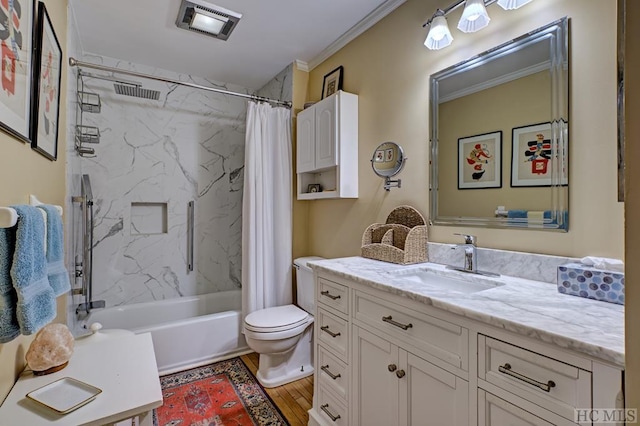 full bathroom with shower / tub combo, toilet, wood-type flooring, vanity, and crown molding