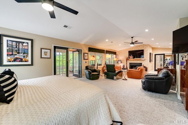 bedroom with carpet, vaulted ceiling, and access to exterior