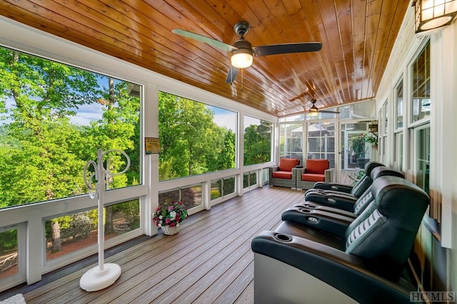 sunroom / solarium featuring vaulted ceiling, wooden ceiling, and ceiling fan