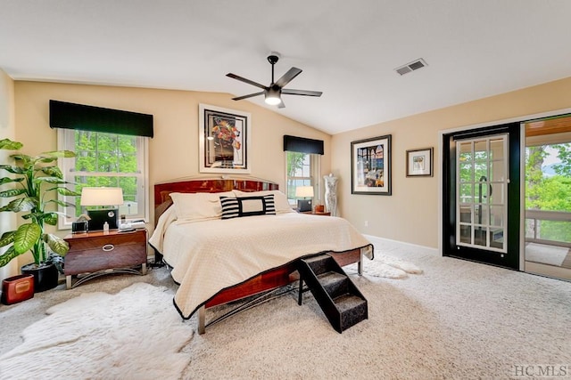 carpeted bedroom with lofted ceiling, access to outside, and ceiling fan