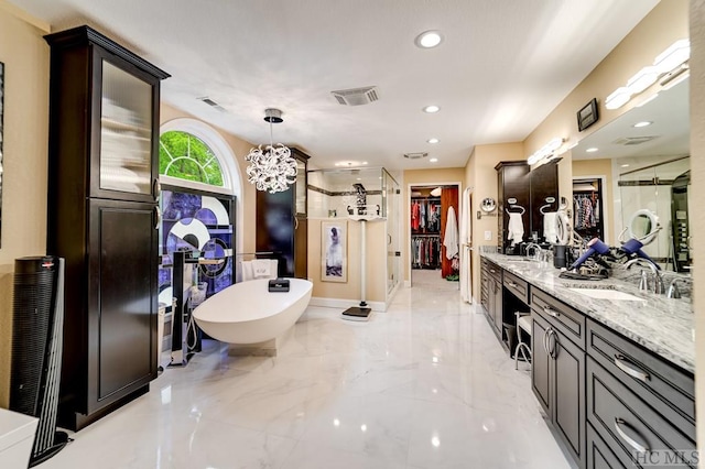 bathroom with separate shower and tub and vanity