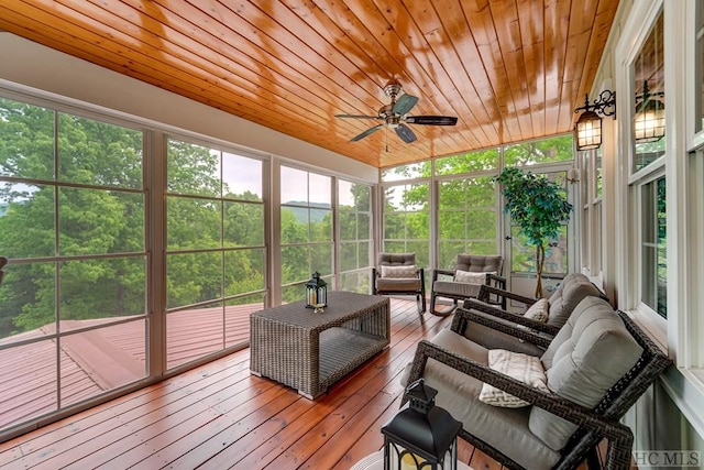 sunroom / solarium with ceiling fan and wood ceiling