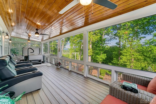 sunroom with ceiling fan and wood ceiling