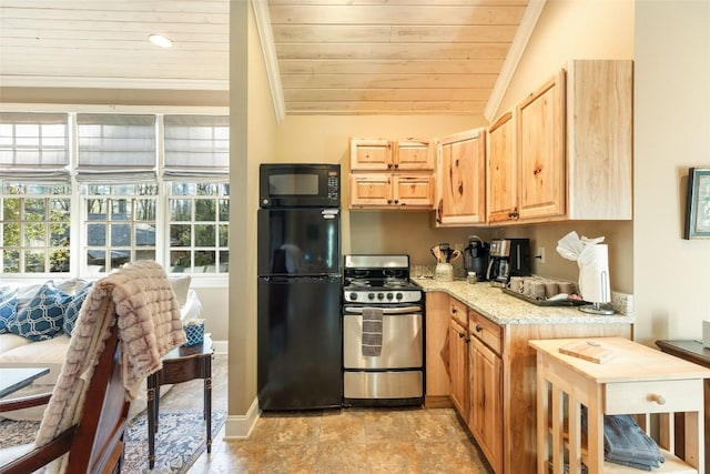 kitchen featuring vaulted ceiling, ornamental molding, light stone counters, black appliances, and wooden ceiling