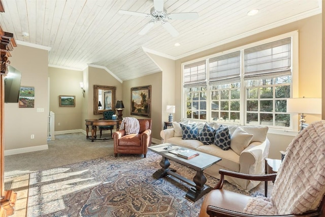 living room featuring crown molding, wooden ceiling, and carpet