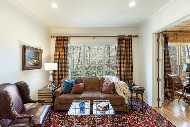 living room featuring hardwood / wood-style flooring and ornamental molding