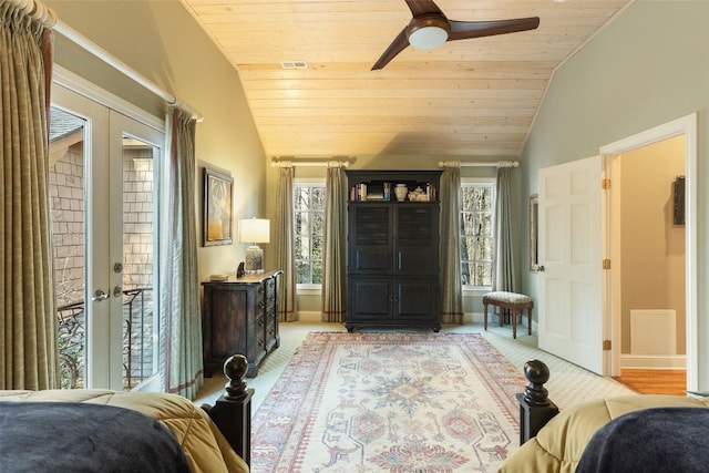 interior space with french doors, wood ceiling, lofted ceiling, and ceiling fan