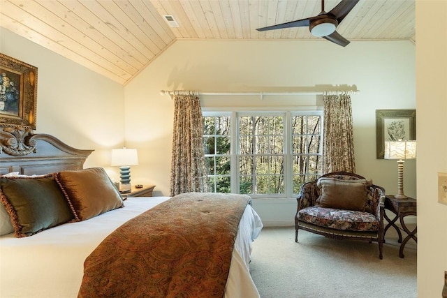 bedroom featuring lofted ceiling, wooden ceiling, ceiling fan, and carpet flooring