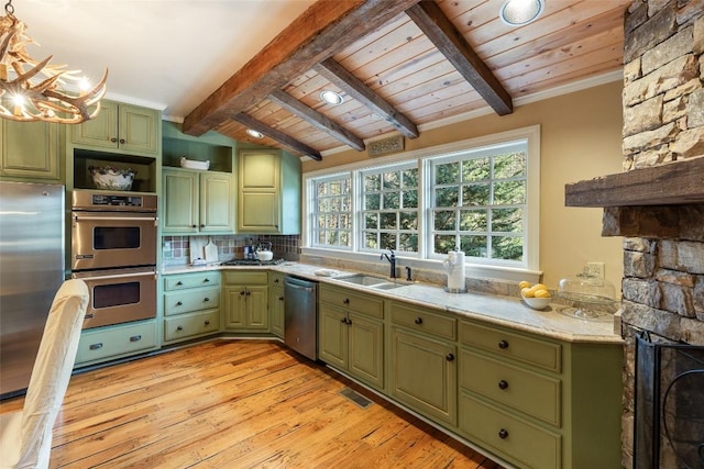 kitchen featuring sink, green cabinetry, lofted ceiling with beams, light hardwood / wood-style flooring, and appliances with stainless steel finishes