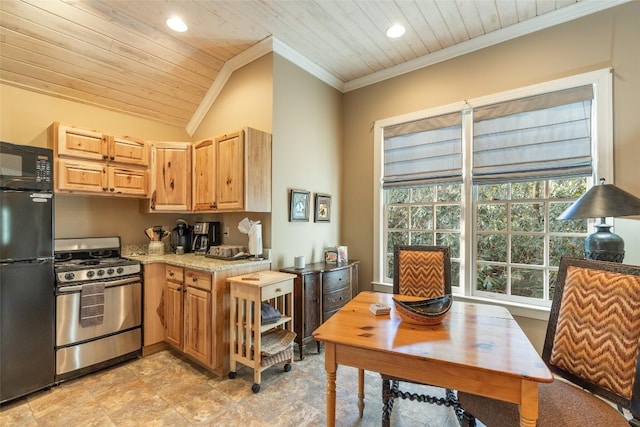 kitchen with black fridge, stainless steel range with gas cooktop, crown molding, and wooden ceiling